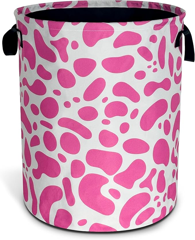Pink Cow Print Laundry Basket Animal Foldable Oxford Cloth Funny Tote Bag