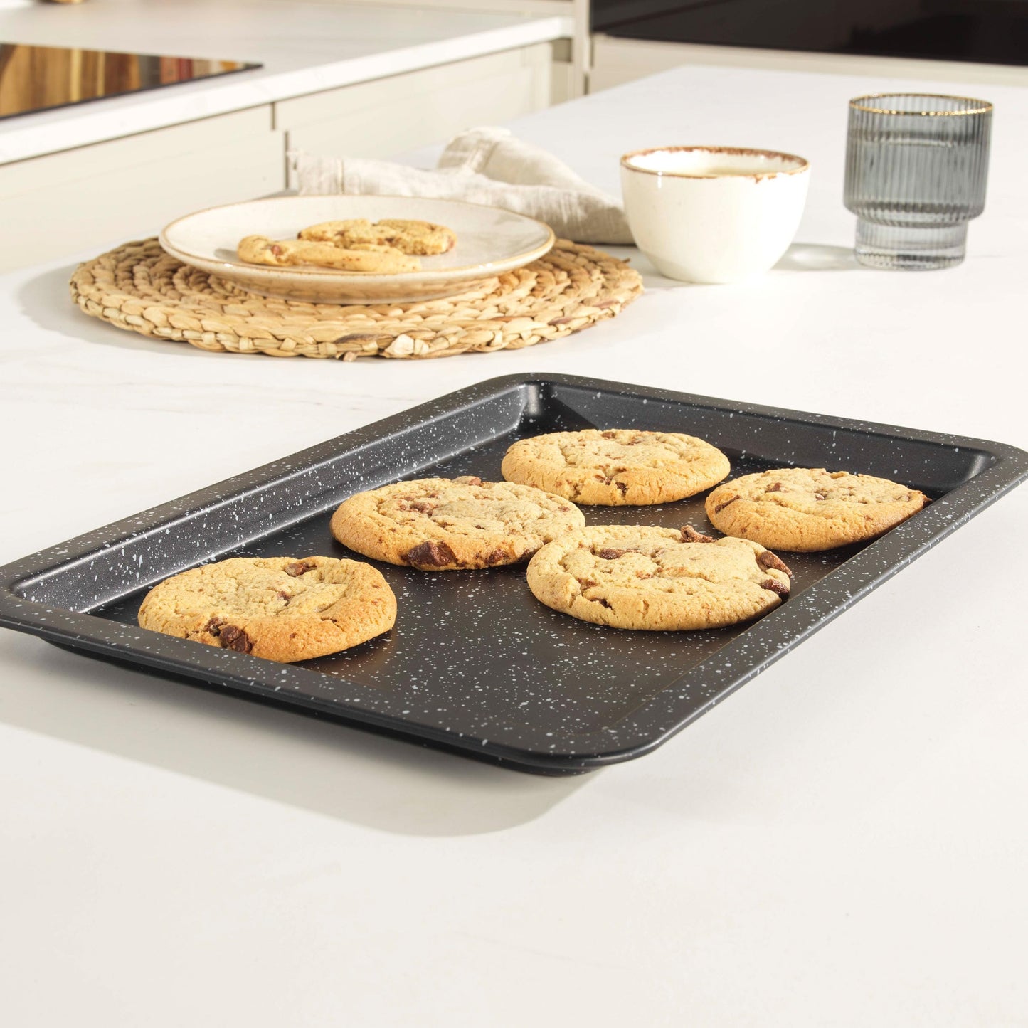 Salter COMBO-8261 Baking Tray Set of 2, Non-Stick Carbon Steel Oven Sheet, Easy Clean, Strong & Durable, Long Lasting, PFOA-Free, Megastone Collection, Black/Silver, 37 cm