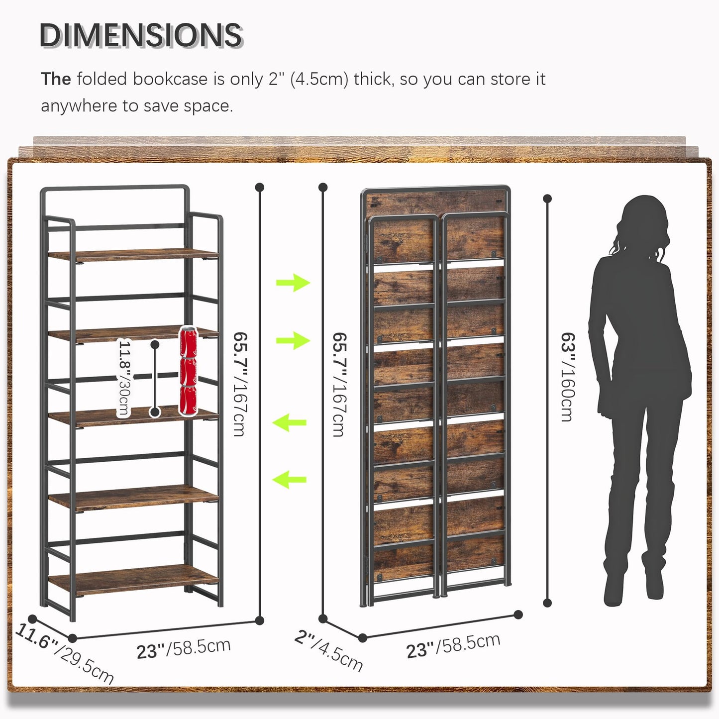 4NM No Assembly 5 Tiers Folding Bookshelf Storage Shelves Vintage Bookcase Standing Racks Study Organizer Home Office (Rustic Brown Black)