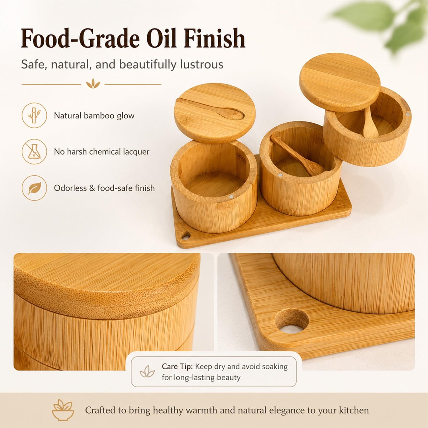 Bamboo Salt Cellar Set with Tray, Single & Double-Tier Salt and Pepper Cellar with Spoon & Magnetic Swivel Lid, 16 Labels, Spice Containers for Salt, Sugar, Pepper, Spices, Kitchen Organizer 9OZ Each
