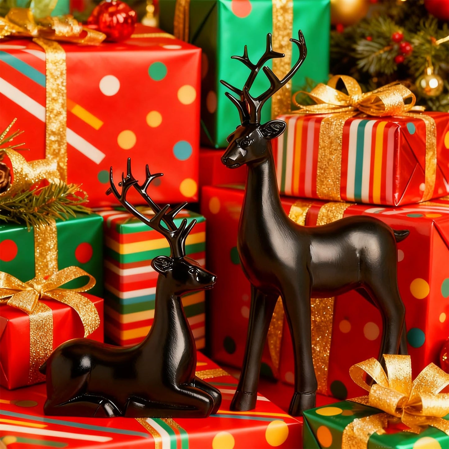 2PCS Black Christmas Reindeer Figurines, Resin Elk Sculpture Statues, Standing Sitting Reindeer Statues, Xmas Ornaments for Home Living Room Office TV Cabinet, Ideal Christmas/New Year Seasonal Gift