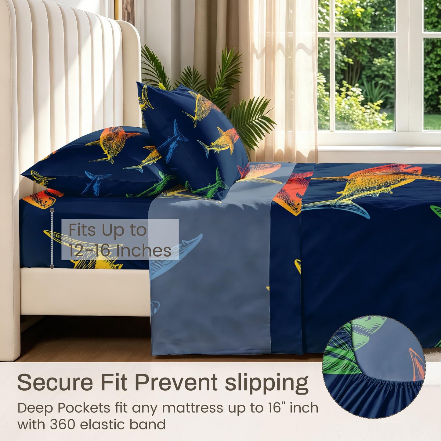 Shark Bedding Set 4 Pcs Marine Life King Sheets, Navy Blue