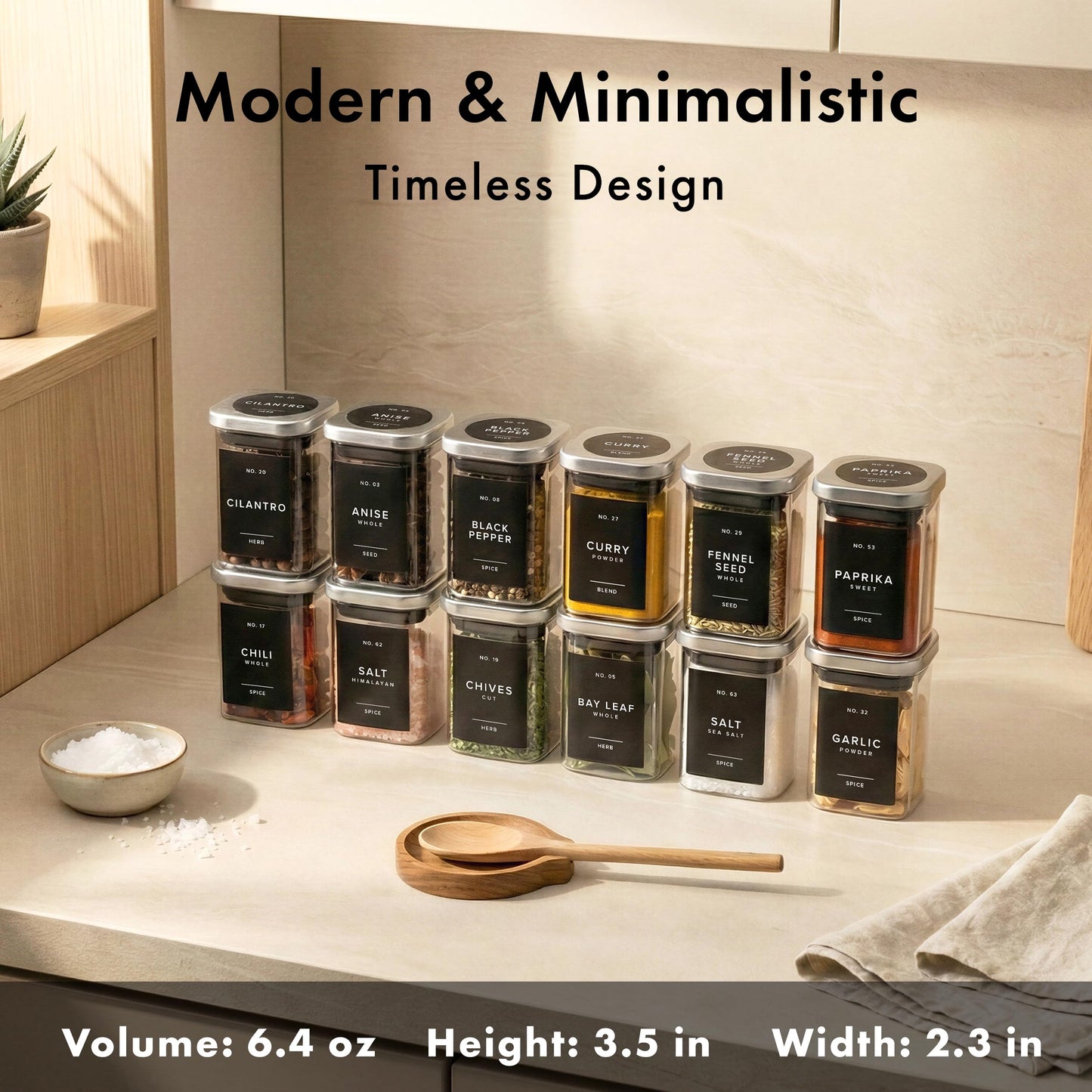 EDELHAUS Glass Spice Jars with Labels and Steel Lids (12 x 6.4oz) Spice Containers with 160 Label, Steel Funnel, Shaker Inserts, Empty Square Seasoning Organizer for Spice Rack, Cabinet, Drawer