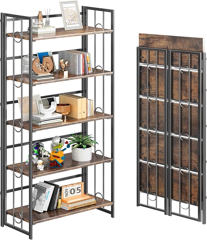 4NM No Assembly 5 Tiers Folding Bookshelf, 59.4" H Foldable Storage Shelves