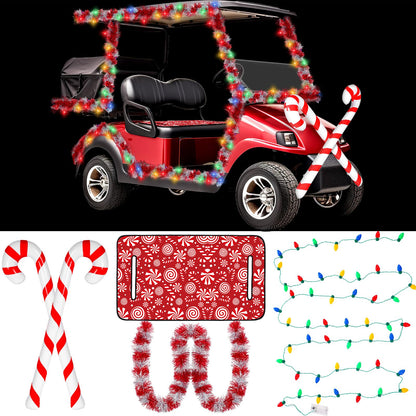 Suncalla 6 Pcs Christmas Golf Cart Decorations Kit Christmas Parade Golf Cart Decor Include Red White Seat Cover Tinsel Garland Candy Canes Balloons and String Lights for Holiday Decoration