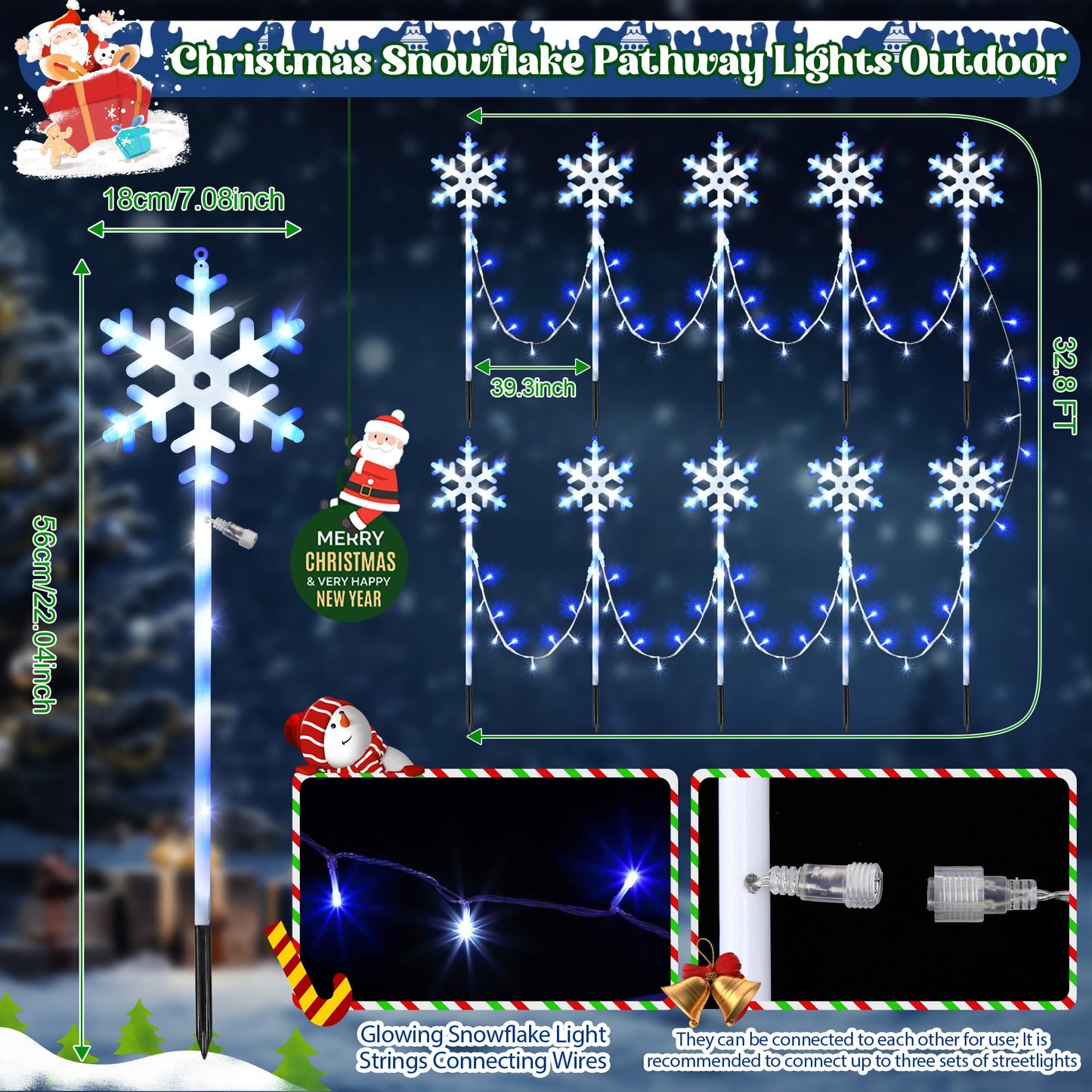 ElectricWise 10 Pcs Christmas Snowflake Pathway Stake Lights for Outdoor Yard, 370 Bright LEDs Waterproof Large Christmas Snowflake Light Decoration for Garden Lawn Driveway Walkway Decor (Blue White)