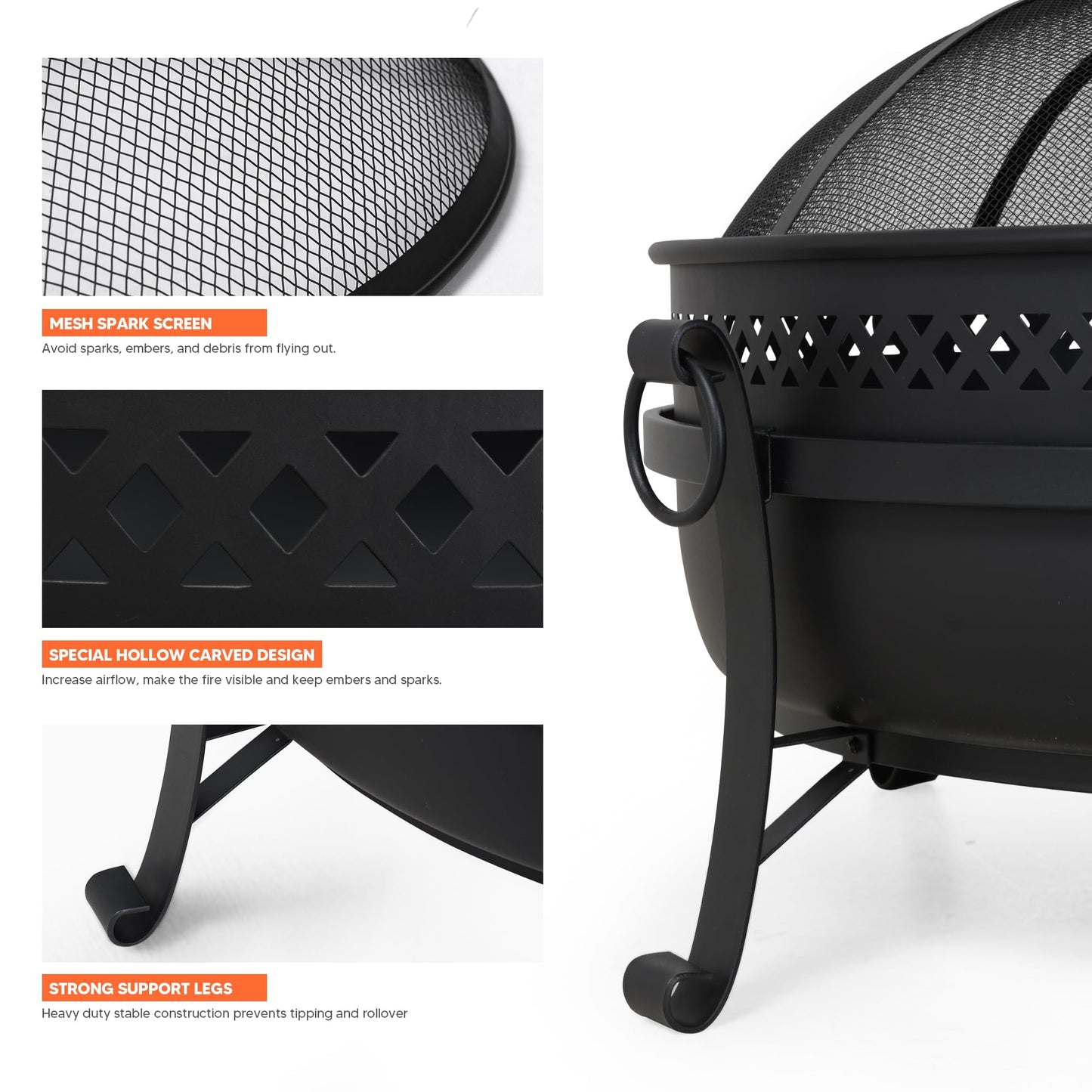 SUNCREAT Outdoor Patio Fire Pit with Mesh Spark Screen, 40" Portable Fire Pit for Camping, Black