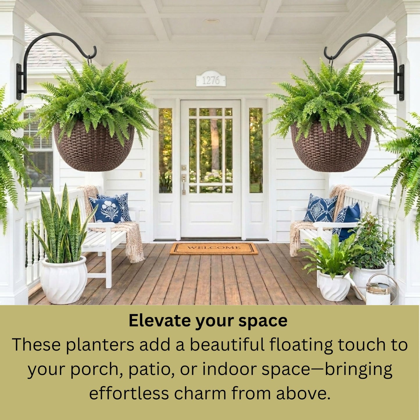 LaLaGreen Hanging Planters for Indoor Plants (11 Inch, 4 Pack) Brown Rattan Style Self-Watering Flower Pots with Water Level Indicator, Round Plastic Baskets with Metal Chain for Balcony, Porch Garden