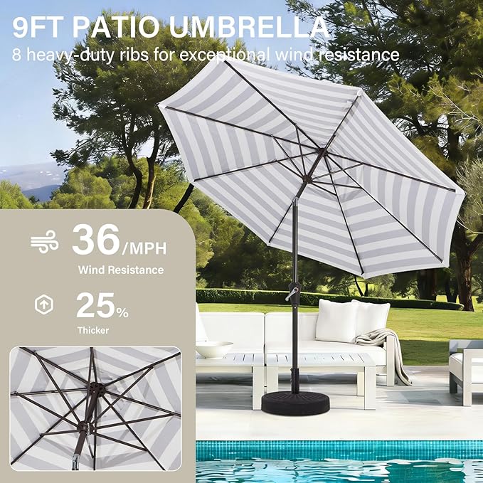 MEWAY 9ft Patio Umbrella Outdoor Table Umbrellas with Push Button Tilt and Crank, Market Umbrella 8 Sturdy Ribs for Deck, Garden, Pool and Backyard, Black-white-striped