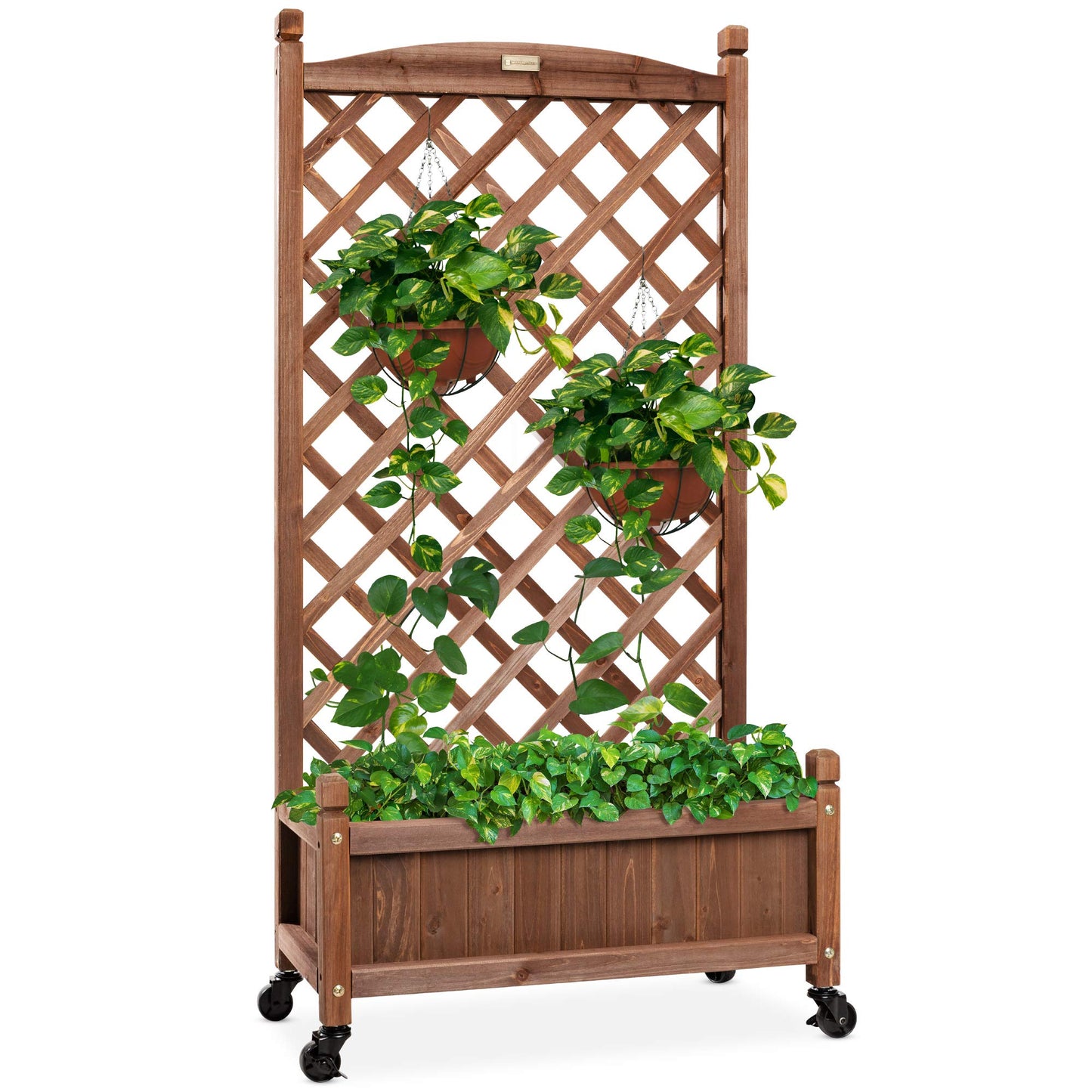 Best Choice Products 48in Wood Planter Box & Diamond Lattice Trellis, Mobile Outdoor Raised Garden Bed for Climbing Plants w/Drainage Holes, Optional Wheels - Walnut