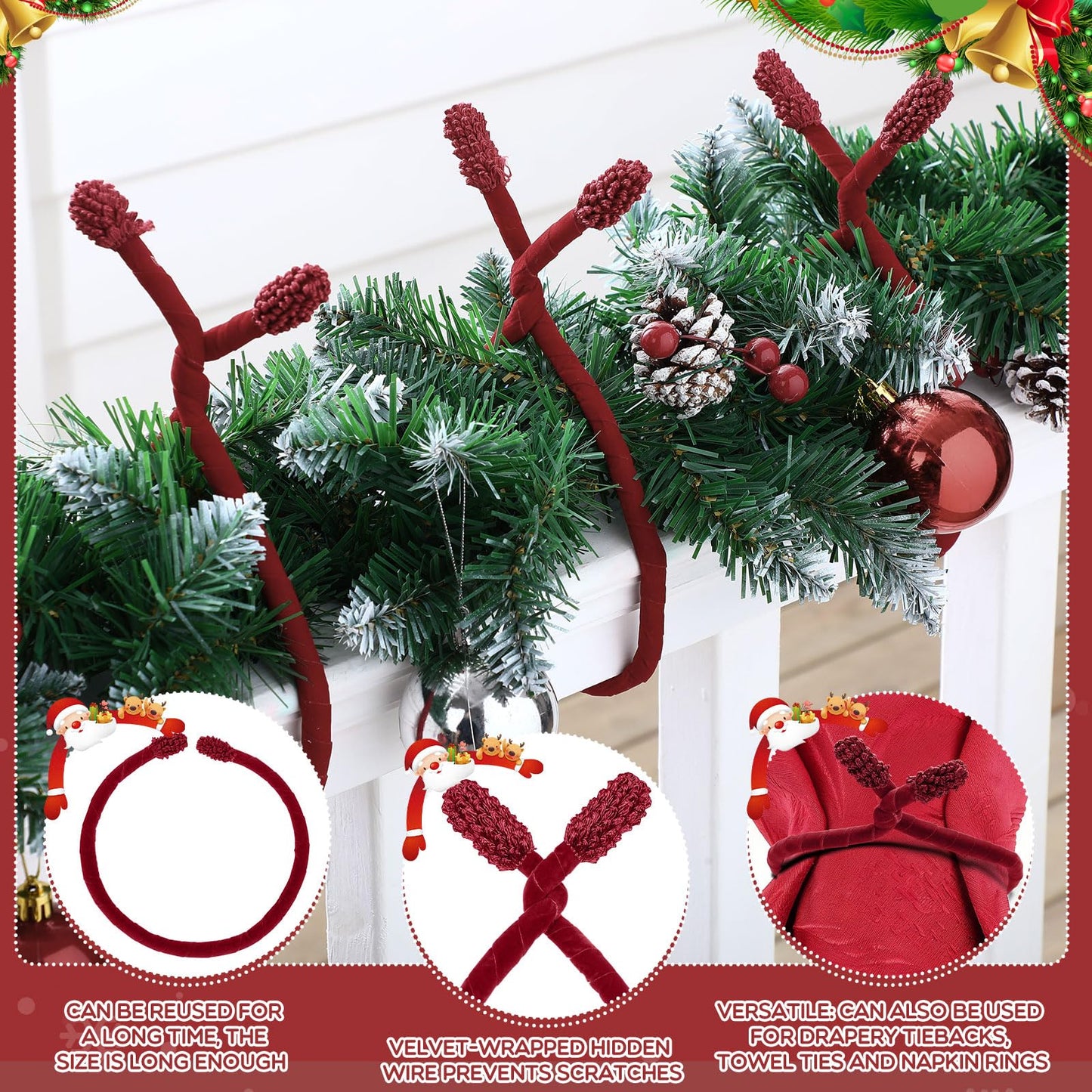 Zhengmy 16 Pcs 25 Inches Christmas Velvet Garland Ties Christmas Decorative Twist Ties for Banister Reusable and Flexible Twist for Xmas Home Decorations Holiday Craft Wrapping(Burgundy)