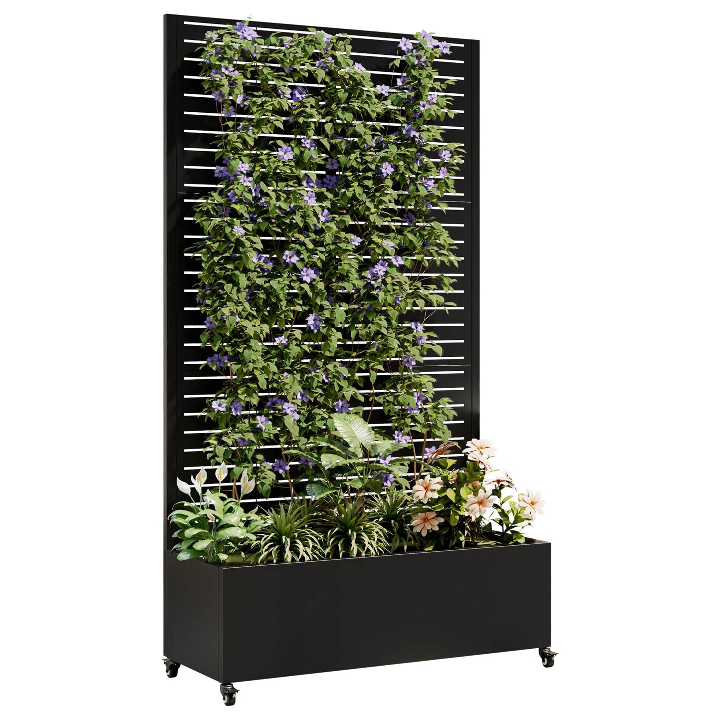 Metal Planter Box with Trellis, 73-Inch Tall Raised Garden Bed with Wheels, Privacy Screen Planter for Climbing Plants, Vegetables & Vines, Galvanized Steel Outdoor Privacy Shield, Black (Square)