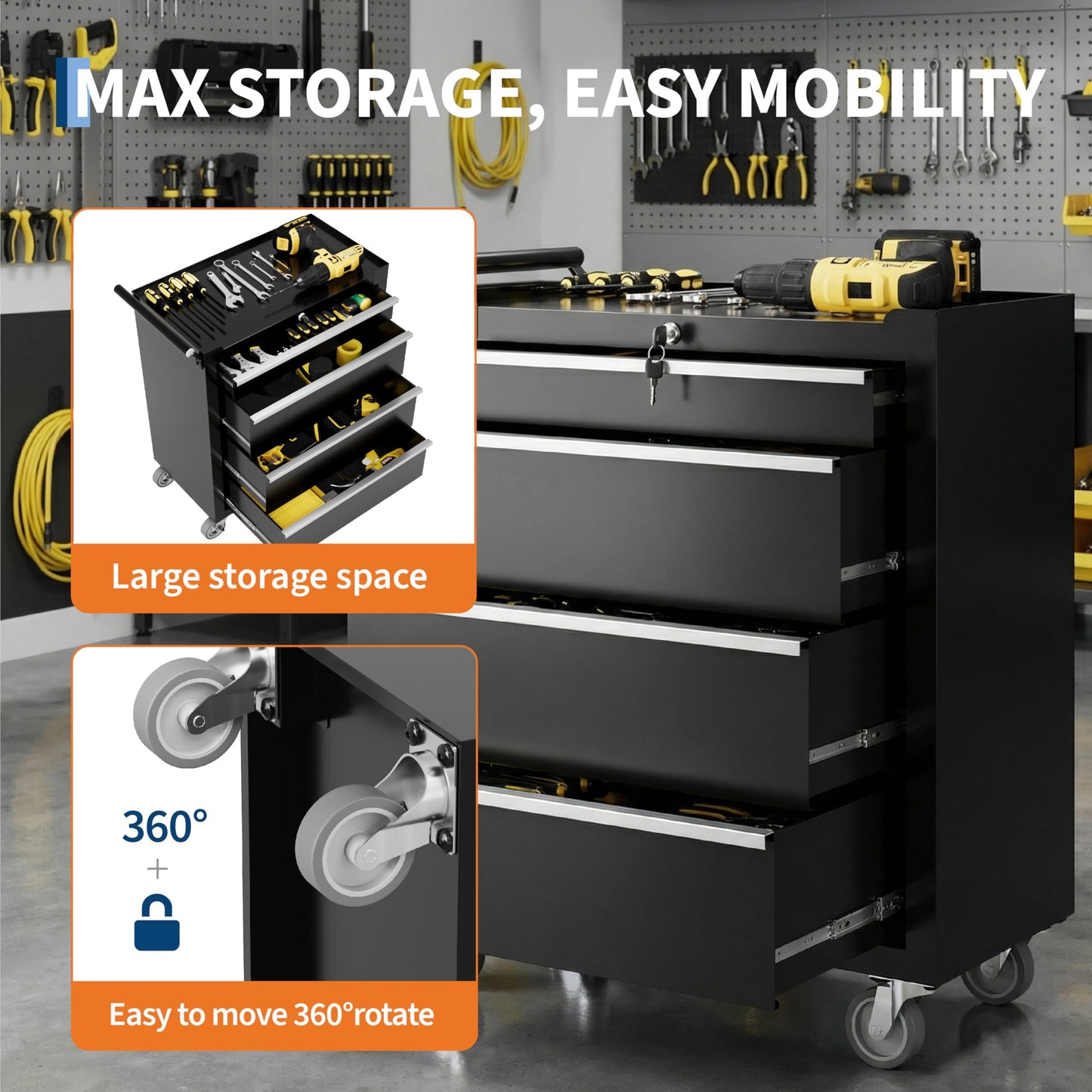 Rolling Tool Box with Wheels – 4 Drawer Heavy Duty Tool Chest Cabinet, Lockable Portable Storage Organizer with Drawer Liners, Mobile Mechanic Toolbox for Garage, Workshop, Shop, Easy Assembly, Black