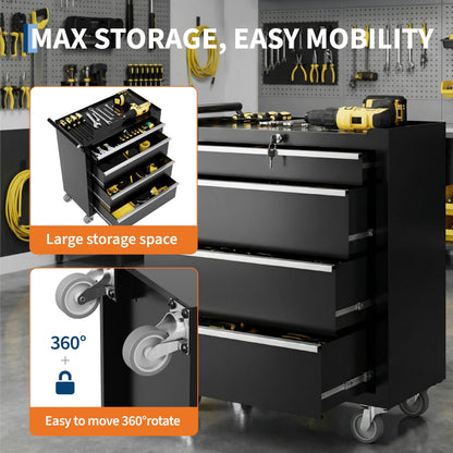 Rolling Tool Box with Wheels – 4 Drawer Heavy Duty Tool Chest Cabinet, Lockable Portable Storage Organizer with Drawer Liners, Mobile Mechanic Toolbox for Garage, Workshop, Shop, Easy Assembly, Black
