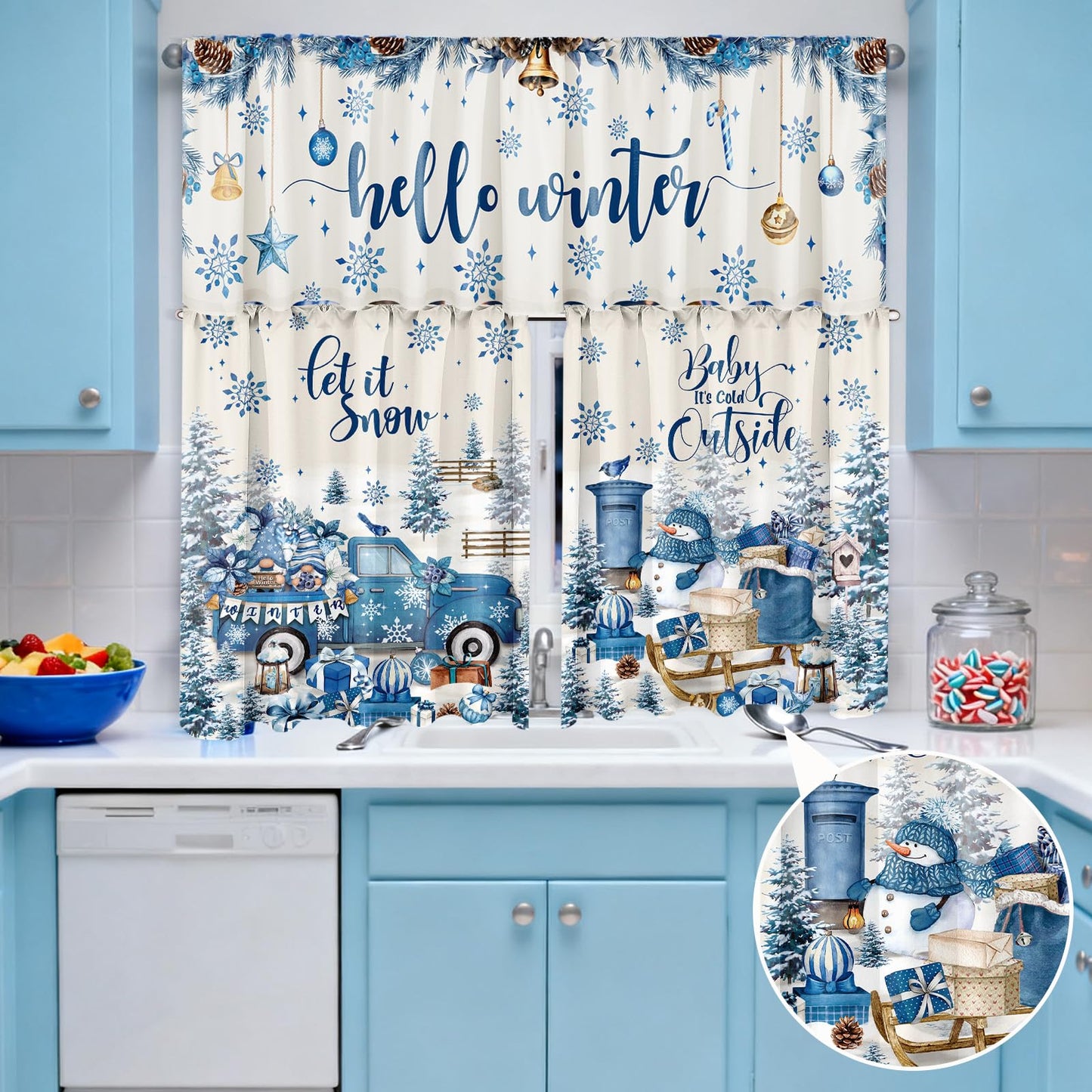 Breling 3 Pcs Winter Snowflake Kitchen Curtains Valances and Tiers Set for Windows Winter Snowman Gnome Gifts Pine Tree Decor Short Curtain Set for Bedroom Window Treatment Decor Party Supplies