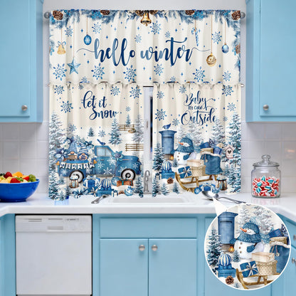 Breling 3 Pcs Winter Snowflake Kitchen Curtains Valances and Tiers Set for Windows Winter Snowman Gnome Gifts Pine Tree Decor Short Curtain Set for Bedroom Window Treatment Decor Party Supplies