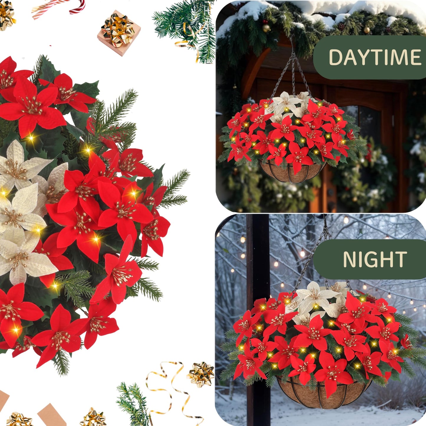 Florielle Artificial Fake Christmas Hanging Flowers Plants Basket with LED Lights, Faux Poinsettia, Pine Branches, for Outdoor New Year Xmas Decoration, Porch Home Holiday Decor (Green Pine Branches)