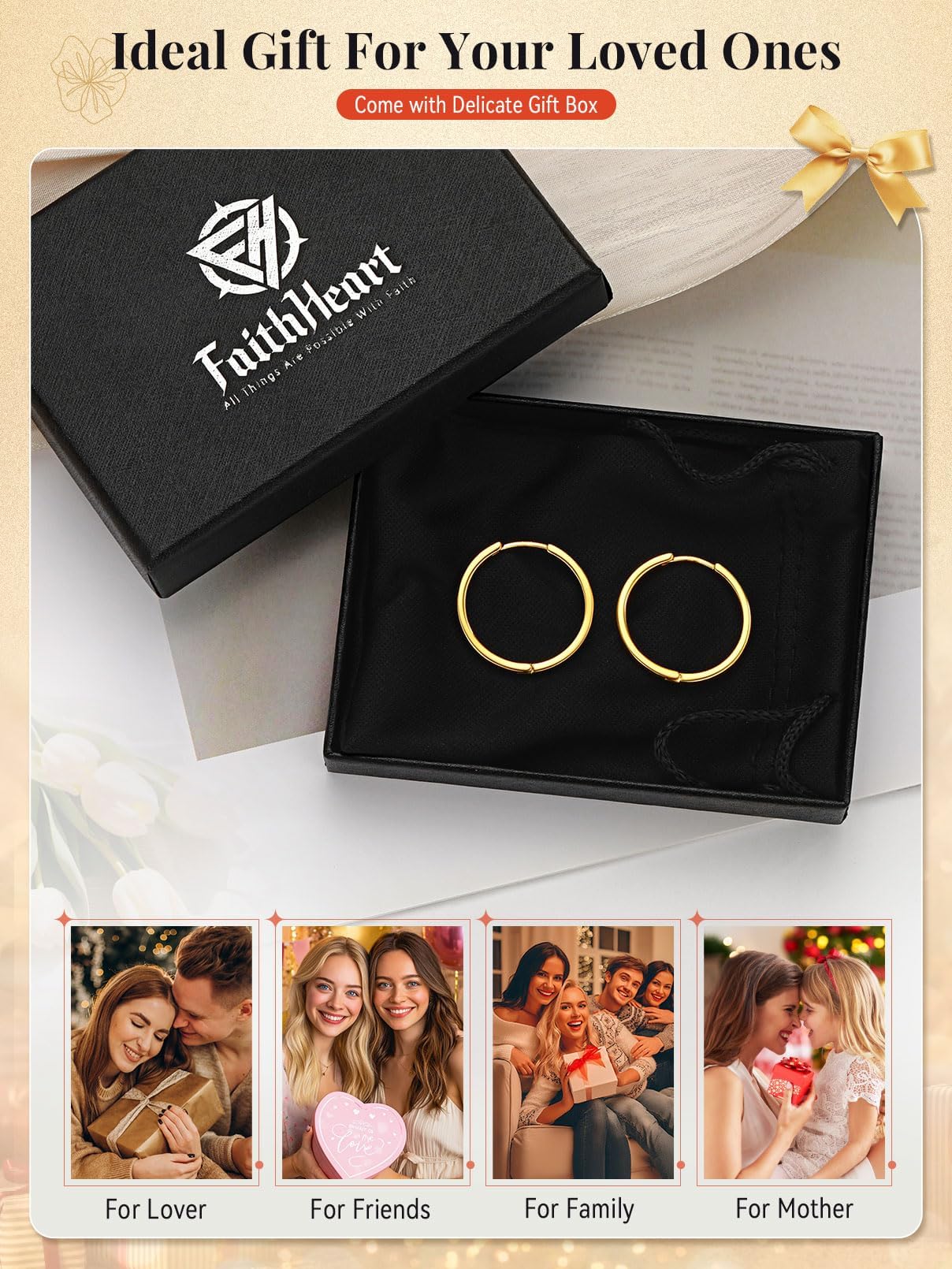 FaithHeart Hoop Earrings for Women, 14K Gold Hypoallergenic Huggie Hoop Earrings, Small Cartilage Earrings for Women 8mm, Send Gift Box
