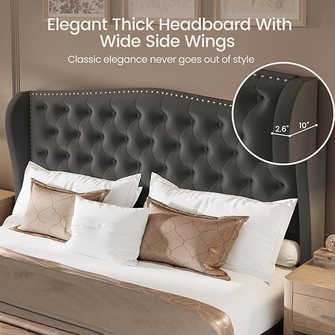 LARMACE Queen Size Bed Frame Velvet Upholstered Platform Bed