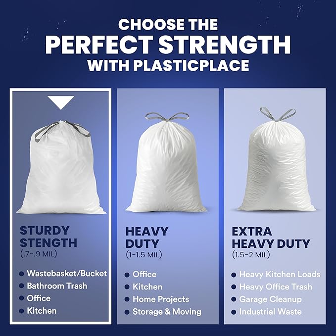 Plasticplace 13 Gallon Trash Bags │ 0.9 Mil │ White Tall Garbage Can Liners │