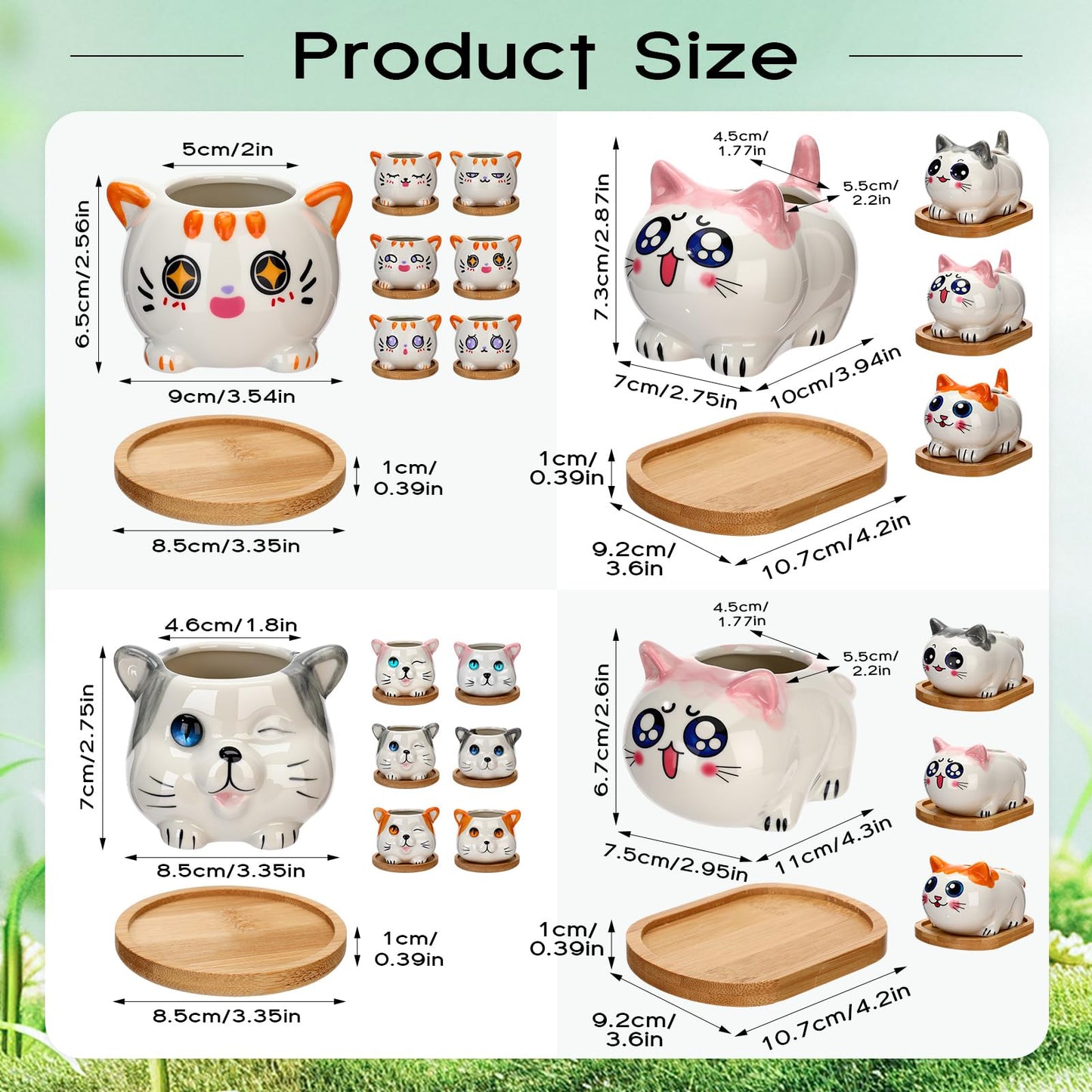 Cindeer 18 Pcs 2.5 Inch Cat Ceramic Succulent Planter Pots – Cute Cat Small Pots with Drainage Hole and Bamboo Tray for Succulents, Cactus, Home Garden Office Desk Decoration Gift Ideas