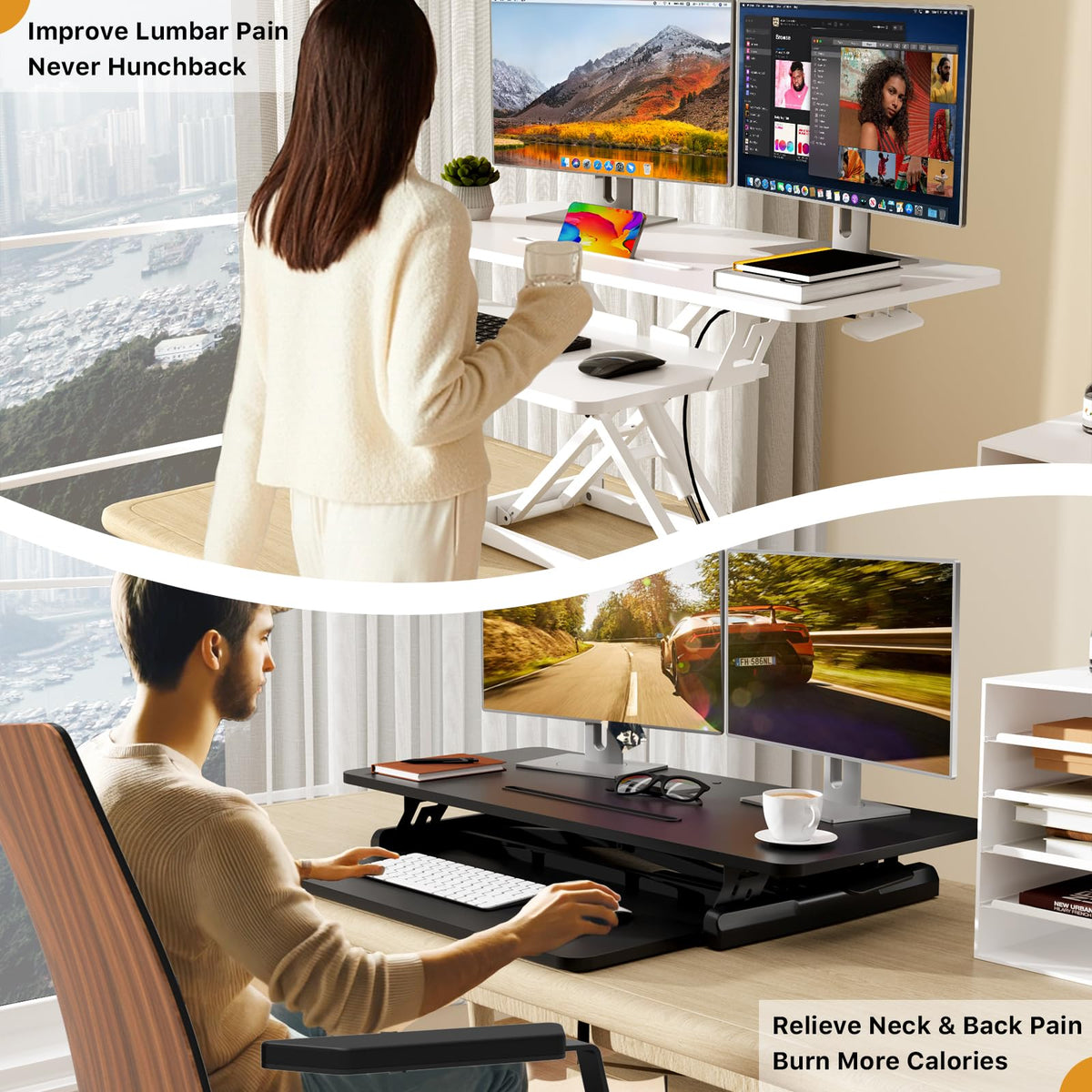 JOY worker Standing Desk Converter, 35" Wide Height Adjustable Sit Stand Up Desk Riser with Keyboard Tray, Desktop Workstation Riser for Home Office Computer Laptop, Particle Board, White