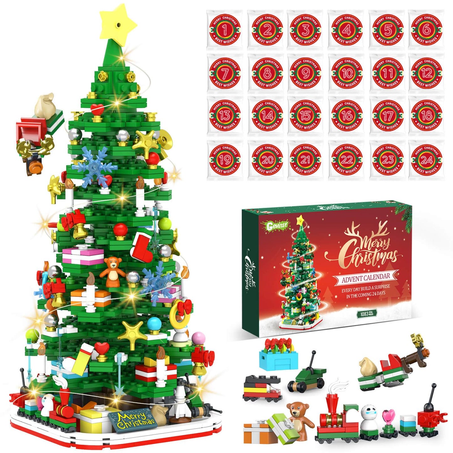 Advent Calendar 2025 Adult Teen Boy Girls Kids Christmas Tree Building Set Toys with Led light, Holiday 24 Days Christmas Countdown Calendars Xmas Tree, Fun Cute Gifts (1083 PCS)