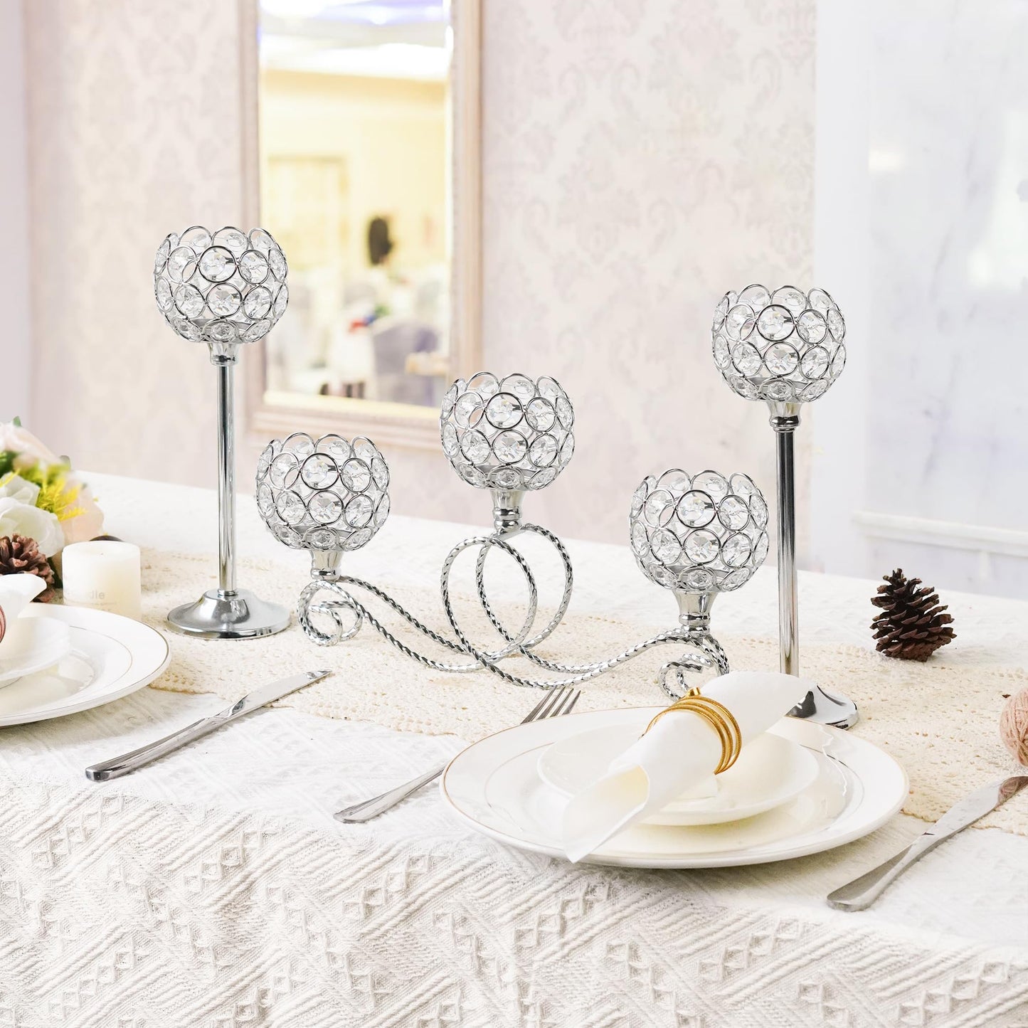Silver Set of 6 Metal Crystal Tea Light Candle Holder, Elegant Wedding Table Centerpiece Candle Holder, Christmas Wishing Crystal Bowl Candle Holder Suitable for Wedding Party Living Room Decoration