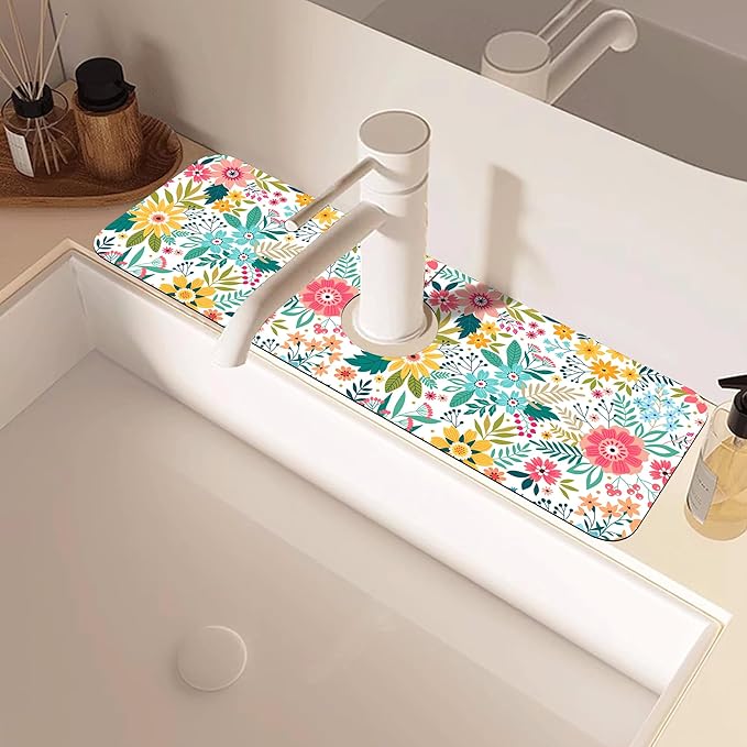 Colorful Floral Leaves Berries Kitchen Sink Splash Guard Mat Absorbent Fast