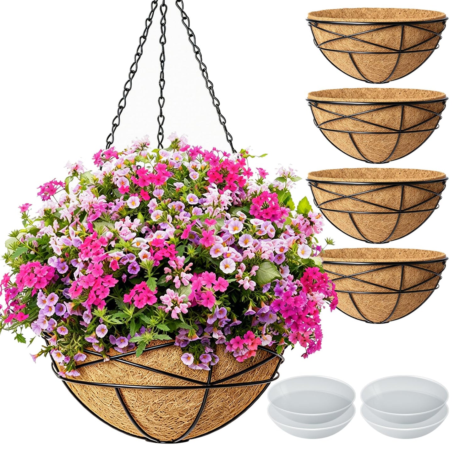 Karlliu 4 Pack 14 Inch Hanging Baskets for Plants Outdoor Large Flower Planters with Coco Liner for Outside Panting Watering Plant Pot Holder for Home Garden Porch Balcony Railings Decor