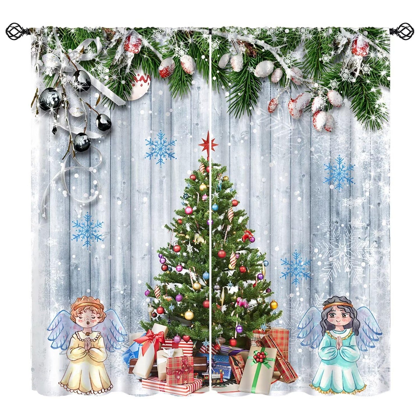 FengMingRui Kids Christmas Curtain for Bedroom Angel Pine Tree Christmas Tree Pine Leaves Winter Holiday Christmas Decor Window Drapes 42" W X 45" L