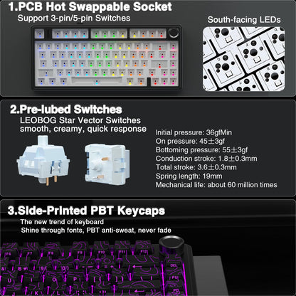 AULA F75 Pro Wireless Mechanical Keyboard,75% Hot Swappable Custom Keyboard with Knob,RGB Backlit,Pre-lubed Reaper Switches,Side Printed PBT Keycaps,2.4GHz/USB-C/BT5.0 Mechanical Gaming Keyboards