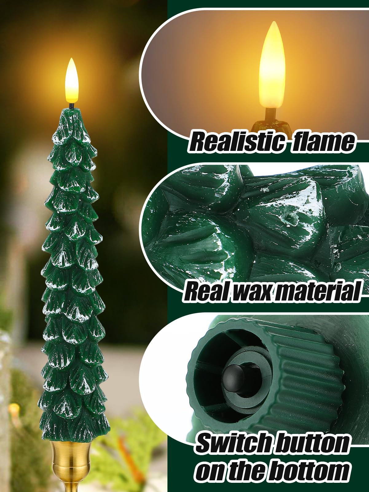 Beeplove 3 Pack Christmas Tree Candles with Remote- Real Wax Flameless Taper Candles, 9.7in Green Candlesticks Battery Operated for Home Table Metal Xmas Holiday Indoor Decorations Gifts