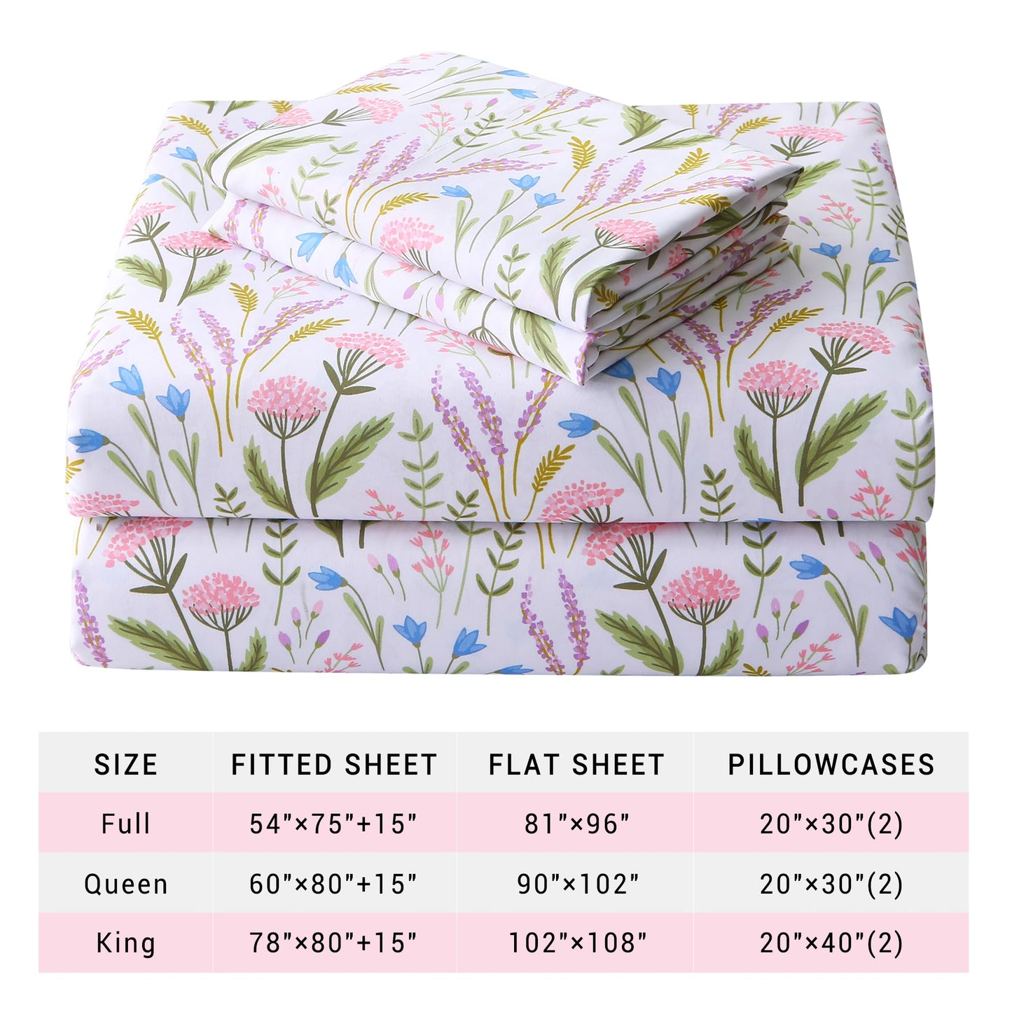 Viviland Floral Full Sheet Set - 4 Piece Lavender & Blue Bell Pink Cluster Botanical Patterned Bed Sheets - Soft, Breathable Microfiber Sheets with Deep Pocket, Non-Slip Fitted Sheets & Pillowcases