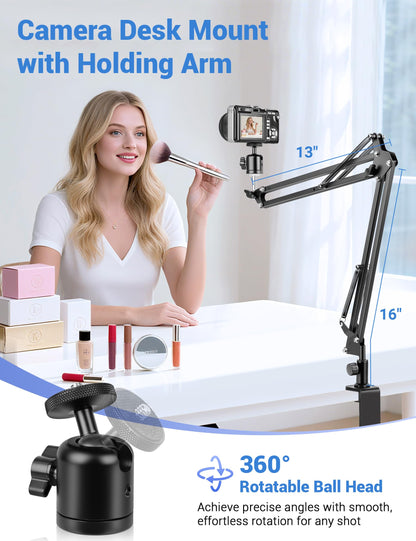 Evekea Overhead Camera Mount, Desk Camera Mount with 360° Adjustable Arm and Phone Holder for DSLR Cameras/iPhone/Webcam/Ring Light, Desk Phone Stand for Video Recording,Zoom Meeting,YouTube,TikTok
