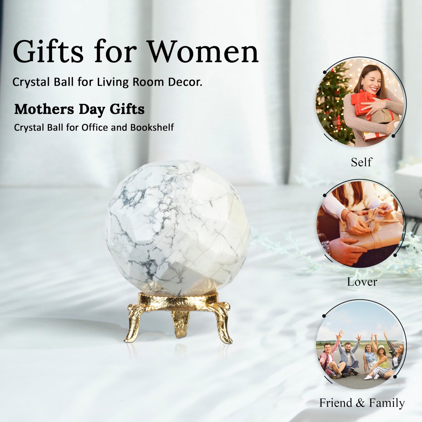 Crocon 45mm Howlite Diamond Cut Stone Sphere Ball with Metal Stand 1400+ Carats Gemstone Ball Healing Ornament Rock Sphere Sculpture Figurine for Fengshui Divination Crystal Home Decor Photography