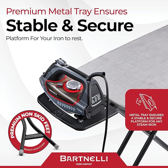 Bartnelli Extreme Stability Ironing Board 43x13 Upgraded Heavy-Duty Metal Frame
