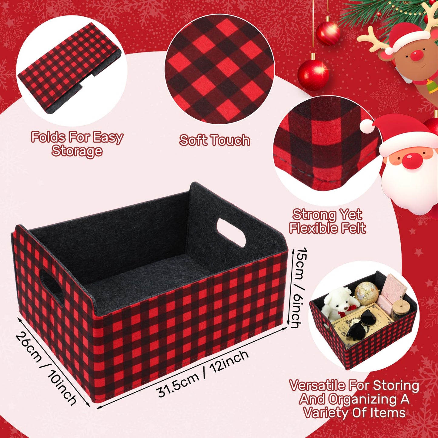 FoldTier 3 Pcs Large Christmas Baskets for Gifts Empty Collapsible Buffalo Plaid Felt Storage Basket Red Black Christmas Bins Xmas Organizer Box for Holiday Gift Snack Toys Pet Home Bedroom Office