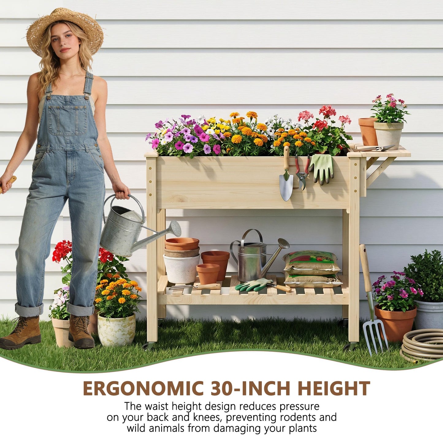 Cakhdry Raised Garden Bed with Legs and Wheels, Self-Watering System, 34x18x30in Elevated Planter Box with Storage Shelf & Liner for Flowers Vegetables Herbs, Raised Bed for Outdoor/Balcony/Patio