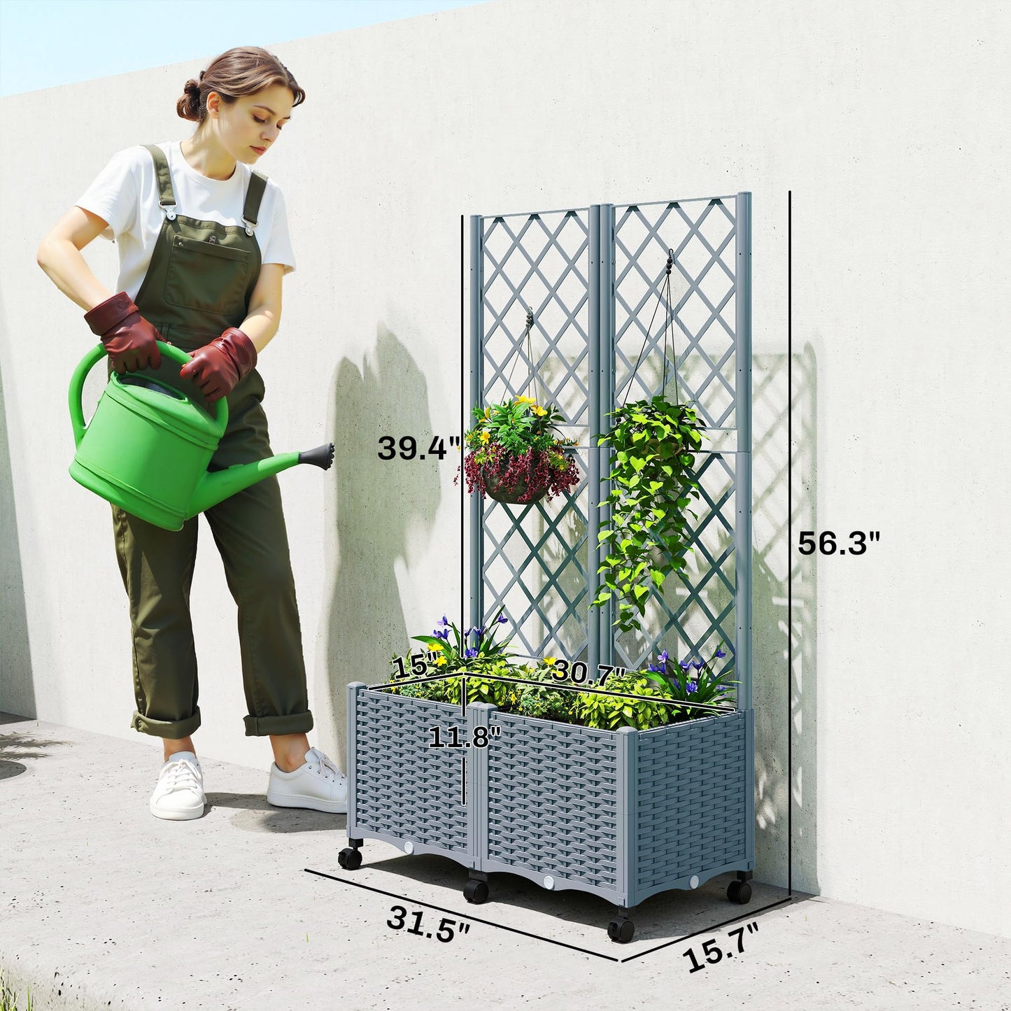 Outsunny Planter Box with Trellis, Self Watering Raised Garden Bed with Lockable Wheels, 56.3" Trellis Privacy Planter with Drainage Holes for Climbing Plants, Vines, Vegetables, Flowers, Gray