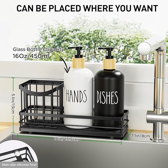 Moforoco Kitchen Dish Soap Dispenser Set, 16OZ Glass Bottle, Hand and Dish Soap