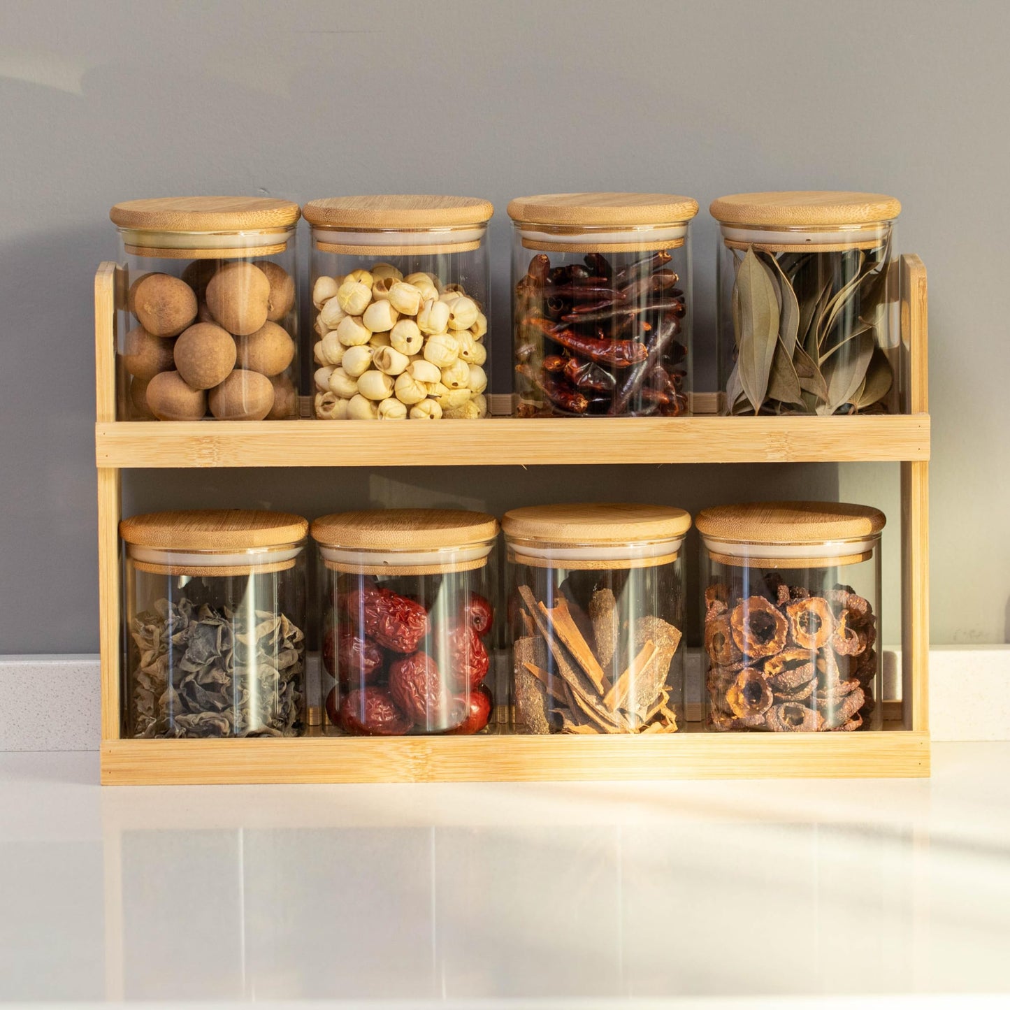 Basicwise Versatile 2-Tier Bamboo Spice Rack and Pantry Organizer with 8 Glass Jars – Perfect for Countertop Storage in Kitchens to Keep Seasoning Containers Neatly Displayed and Easily Accessible