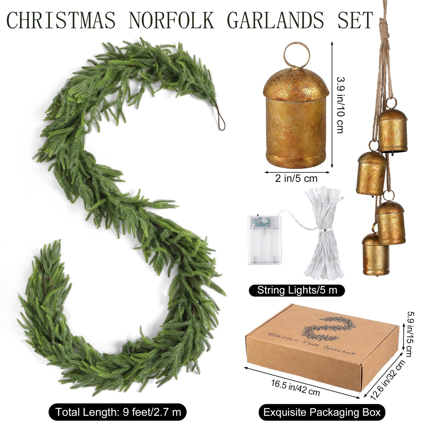 Fovths 1 Pack 9 Feet Christmas Norfolk Garlands Set Artificial Faux Greenery Garland 4 Cow Bell with Jute Hanging Rope Light String Winter Pine Garland for Xmas Indoor Holiday Decor, Green
