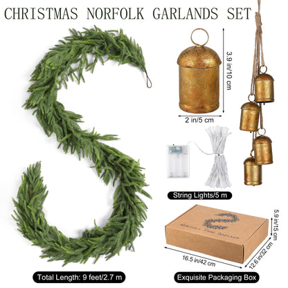 Fovths 1 Pack 9 Feet Christmas Norfolk Garlands Set Artificial Faux Greenery Garland 4 Cow Bell with Jute Hanging Rope Light String Winter Pine Garland for Xmas Indoor Holiday Decor, Green