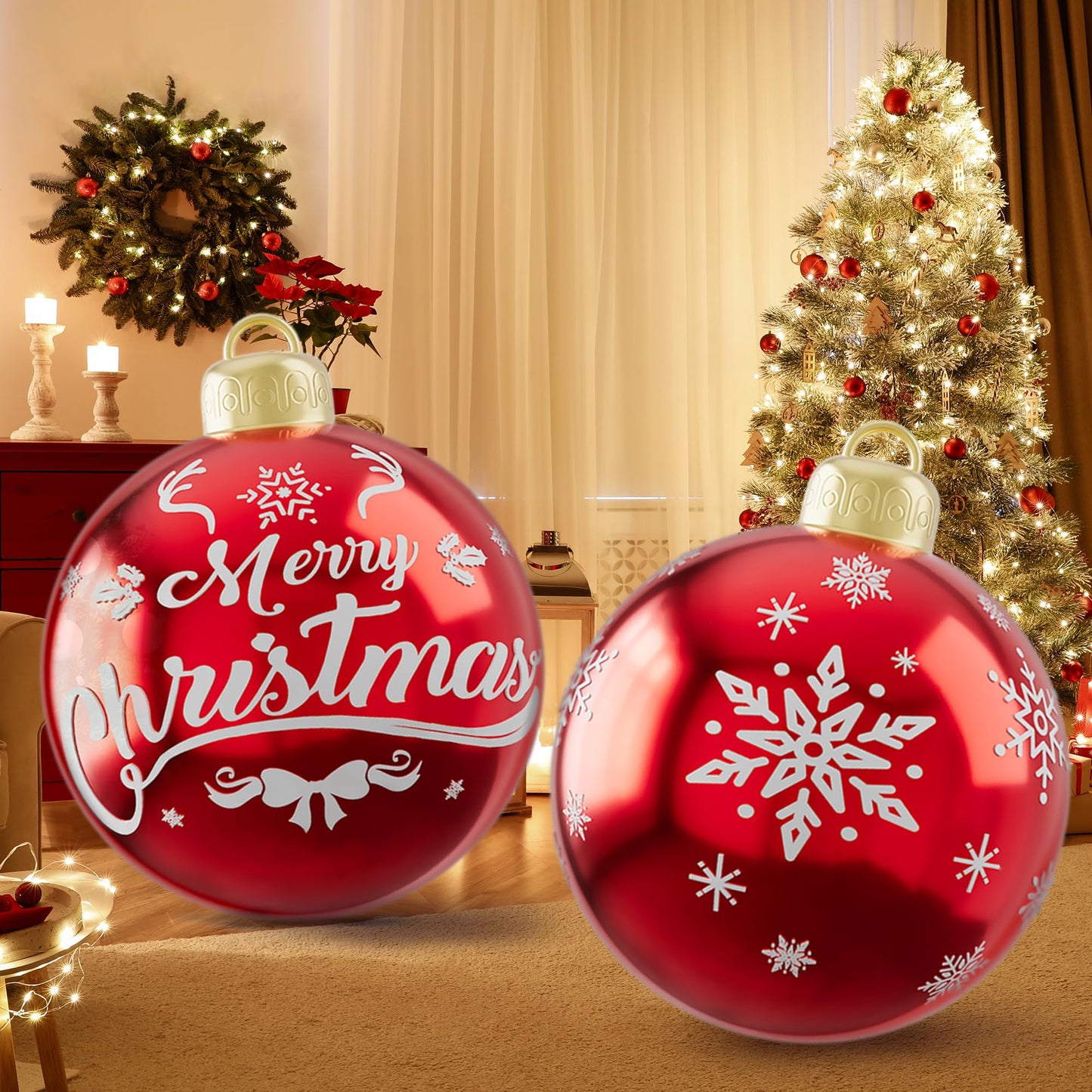2PCS 24 Inch Christmas Inflatable Ball, PVC Giant Inflatable Ornaments Balls Red Blow up Ornament Balls, Inflatable Christmas Decorations for Outside Holiday Yard Lawn Decor(Merrychristmas Snowflake)