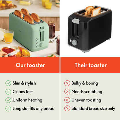 bella 2 Slice Slim Toaster, Fits-anywhere™ Kitchenware, 6 Setting Shade Control with Reheat & Cancel Buttons, Fits sourdough, 10” Long Slot, Anti Jam & Auto Shutoff, 900 Watt, Surf