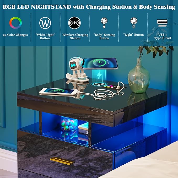 WOOVIVS Night Stand Set 2 with USB/Type-C/Wireless Charging Station, Blakc
