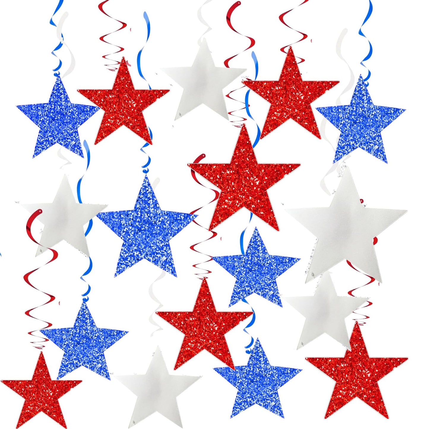 4th of July Decorations Red White Blue/Graduations Party Decorations Red Blue/Patriotic Hanging Star Streamers, Red White Blue Glitter Stars with Swirls, Memorial Day Veterans Day
