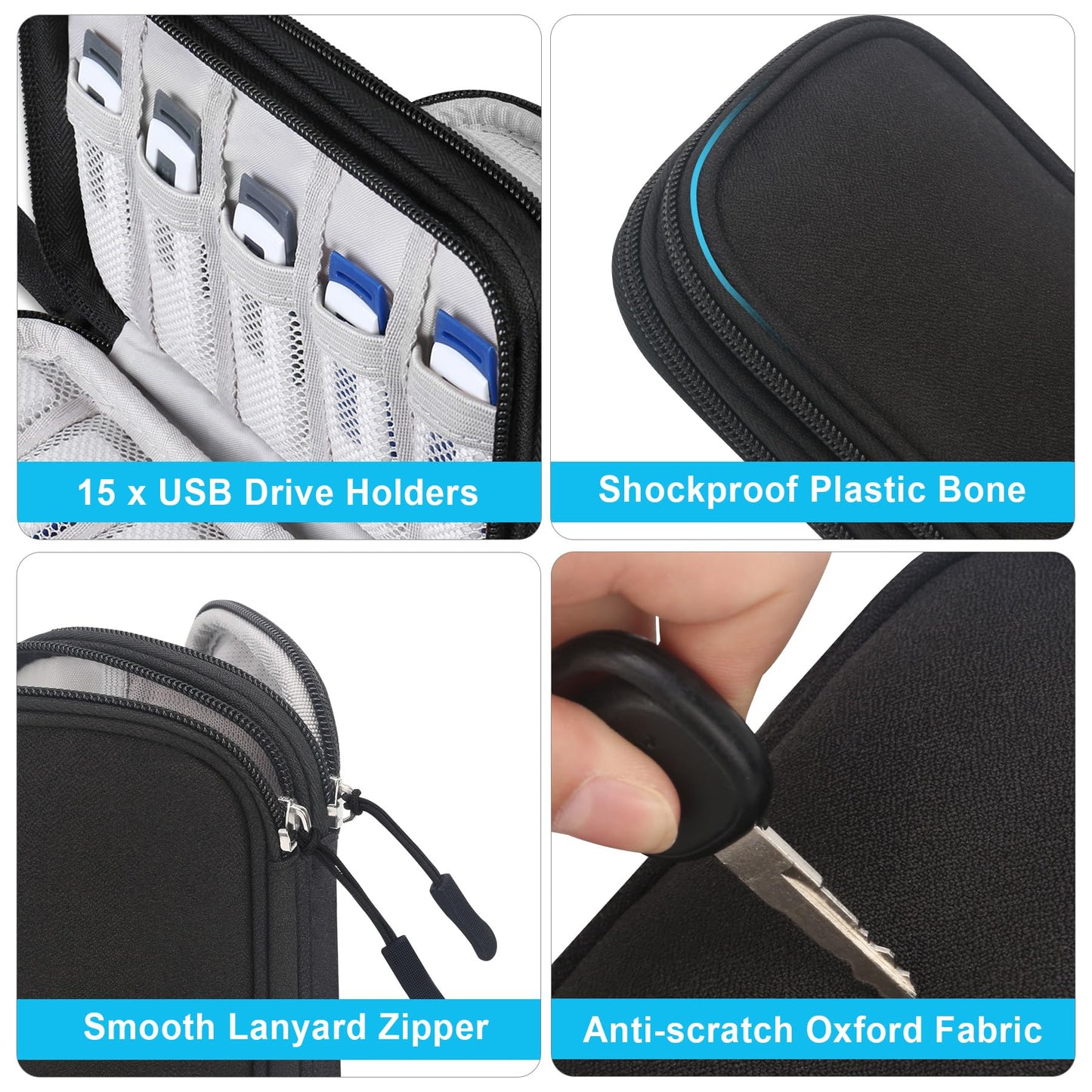 Lacdo USB Flash Drive Case Thumb Drive Holder Case Organizer Portable Electronic Accessories Storage Bag for SanDisk/SamData/Samsung USB Flash Drives Jump Drive Memory Stick, Cable, Medium Size-Black
