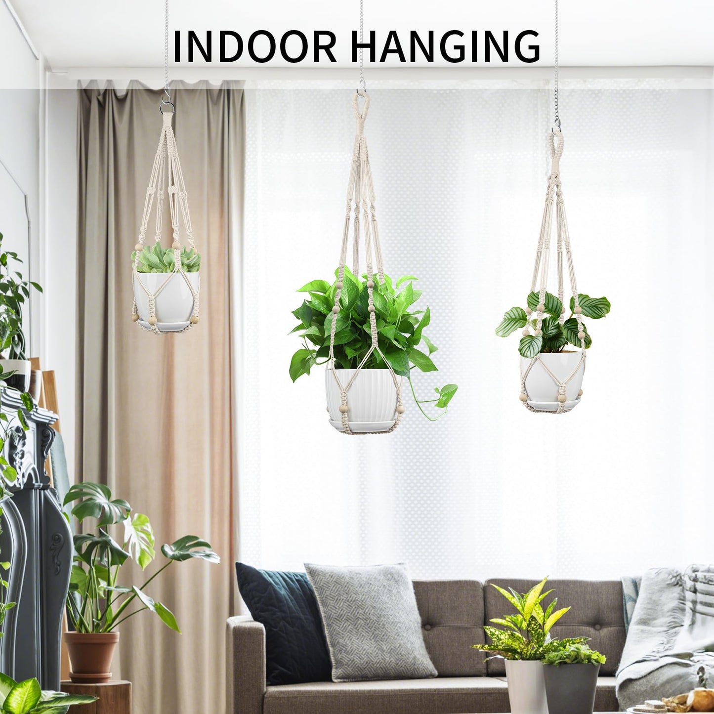 IDEEEPAN Macrame Plant Hanger - Fits 4 to 13 inches Pots for Indoor Outdoor, 35"/29"/23" Different Sizes Set, Ivory (POTS NOT Included)